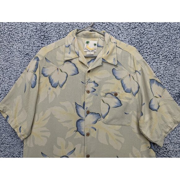 Banana Cabana 100% Silk Hawaiian Button Up Shirt Mens LG Floral Tropical Beige - Picture 3 of 10